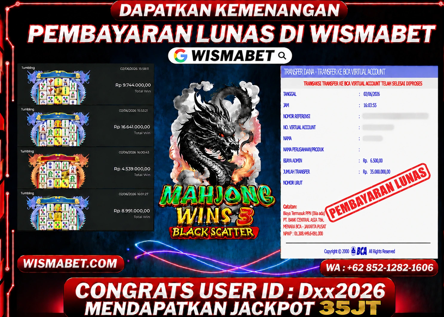 WISMABET - BUKTI KEMENANGAN Mahjong Wins 3 - Black Scatter Rp35,000,000- LUNAS